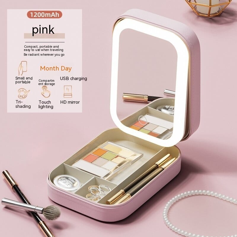 Makeup Storage Box With LED Light Mirror Portable Travel Makeup Cosmetics Storage Box Touch Light Storage Organizer - Image 6